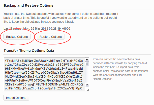 Backup and Restore Options buttons