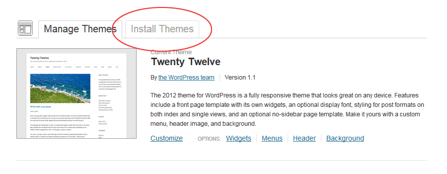 Appearance > Themes screen with the Install Themes and Upload options