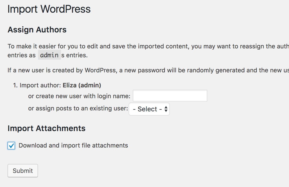 WordPress Importer Assign Authors and Import Attachments options