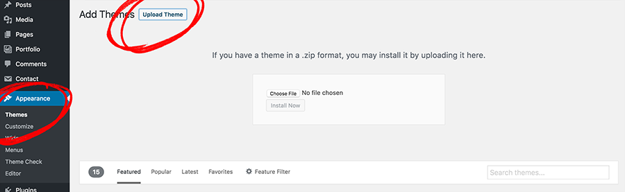 Appearance > Themes screen with the Upload Theme button highlighted