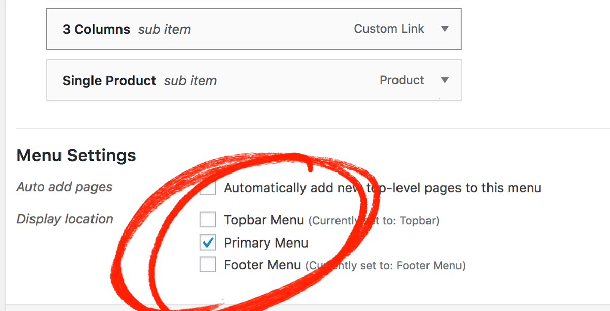 Menus screen Menu Settings with Primary Menu display location selected