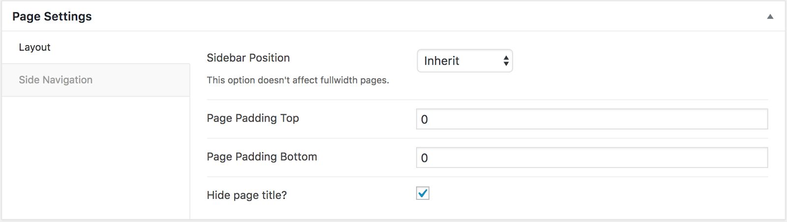 Page Settings panel with Sidebar Position, page padding and Hide page title options