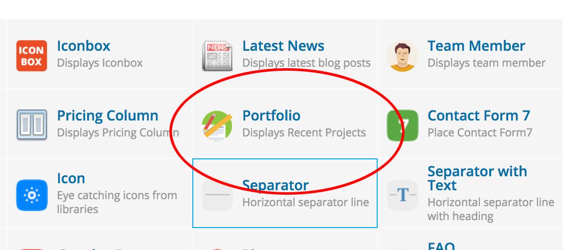 Visual Composer elements list with the Portfolio element highlighted