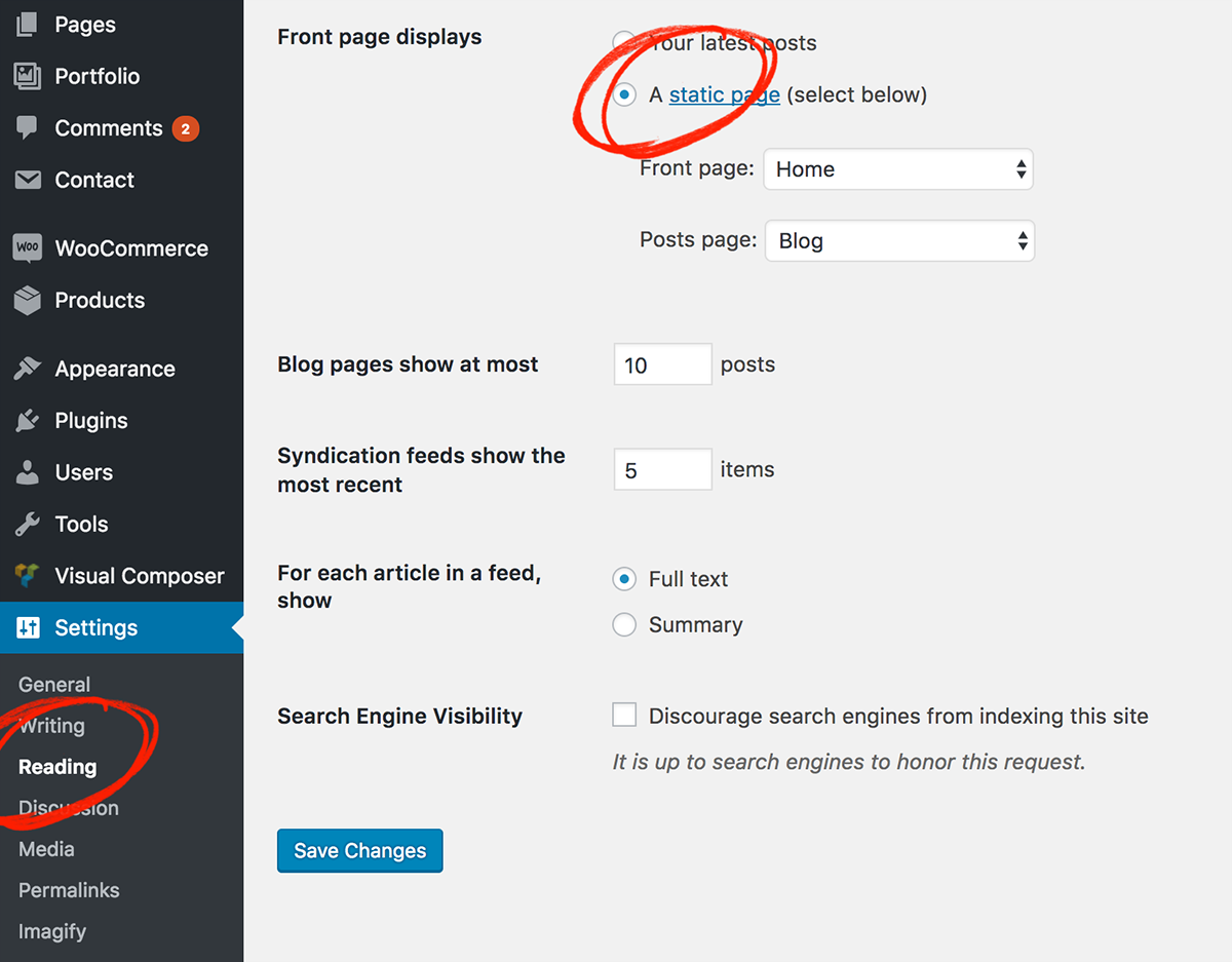 Settings > Reading screen with a static page set as the front page
