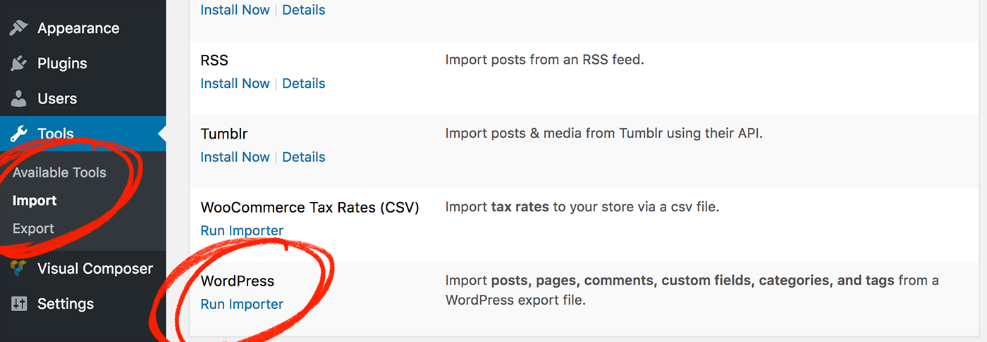 Tools > Import screen with the WordPress importer Run Importer link highlighted